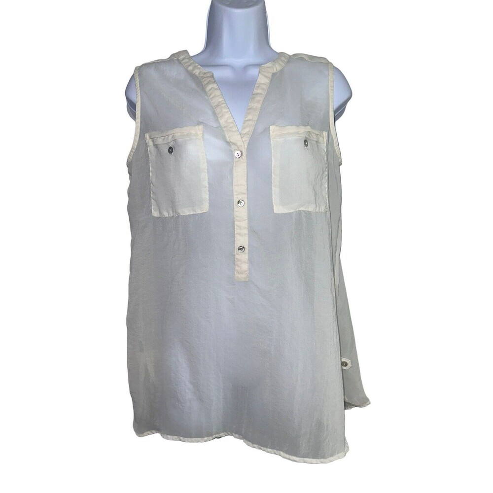 Apt. 9 Womens Sleeveless Tunic Ivory Sheer SZ M Split Neck‎ Pleat Back Round Hem